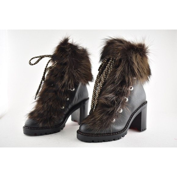 Christian Louboutin Fanny 70 Black Brown Fur Leather Tie Heel Combat Boot 34 - Picture 8 of 12